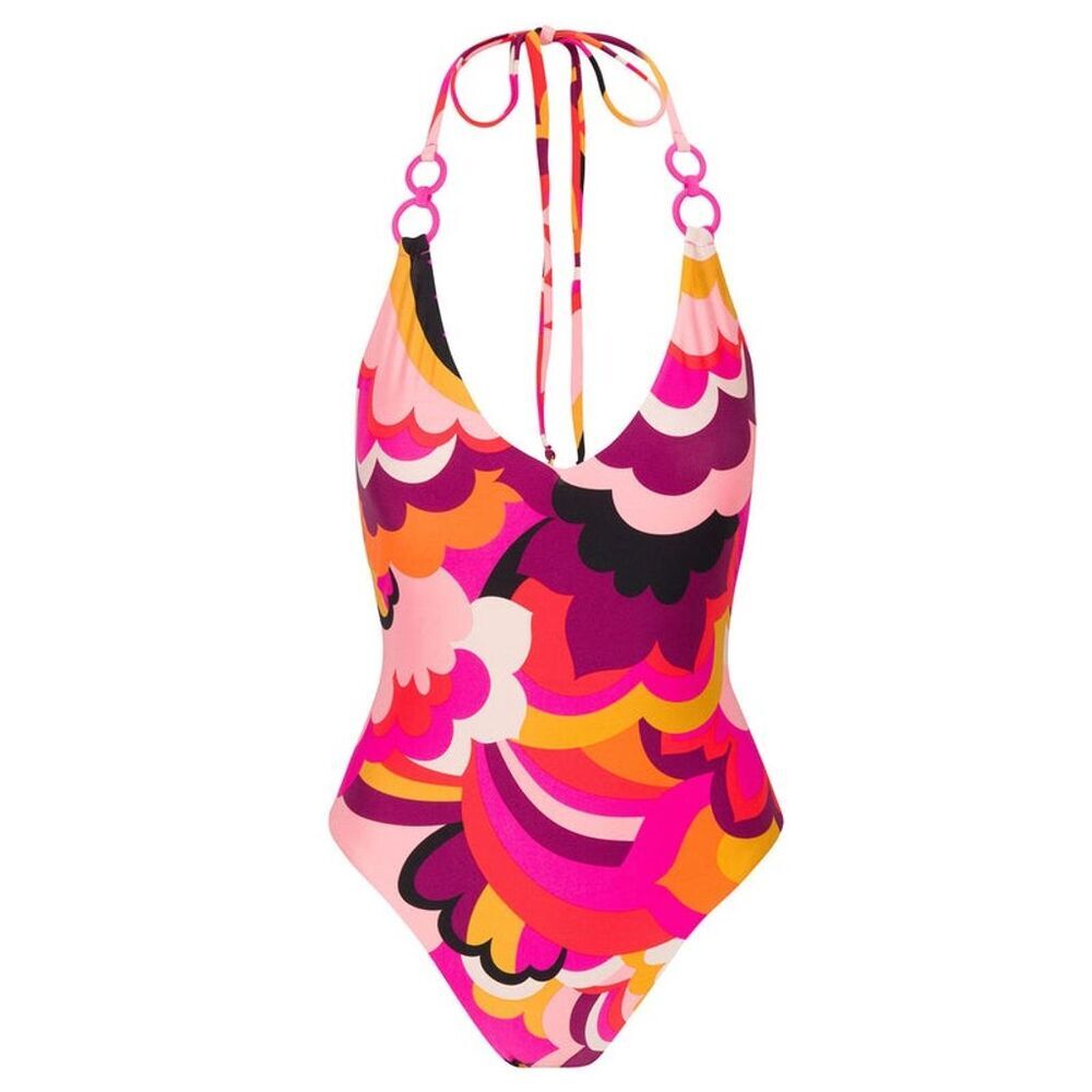 Trina Turk Women's Fan Faire One Piece Swimsuit Halter Plunge Size 12 Retro NWT
